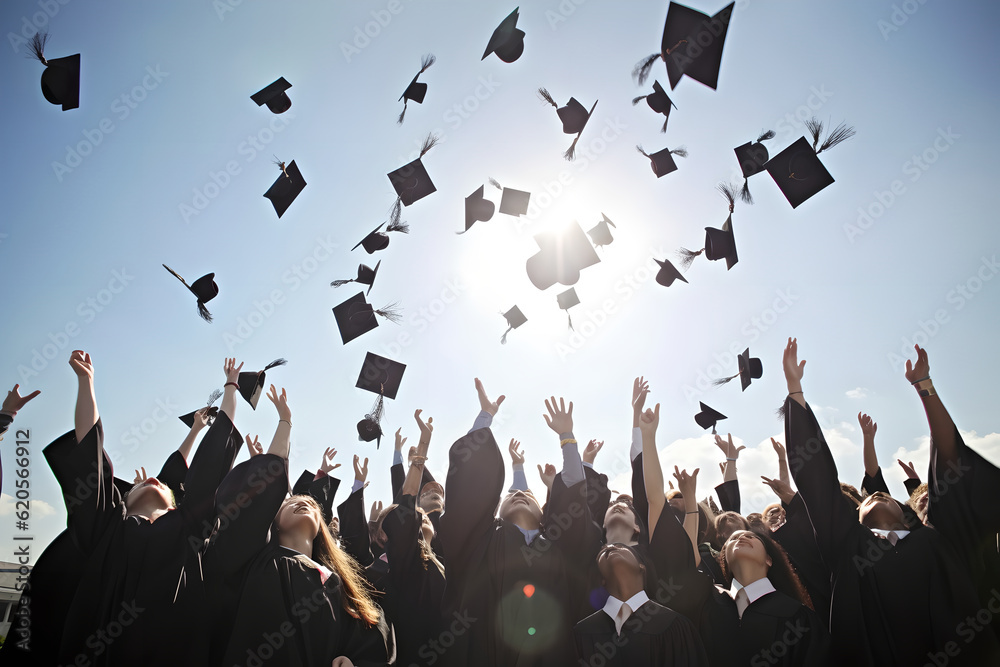 Students throwing graduation hats in the air celebrating. education concept with students celebrate 