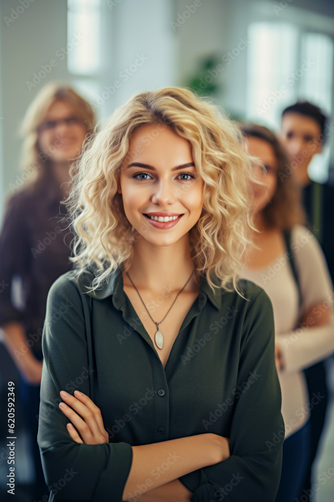 Woman standing with her arms crossed in front of group of people. Generative AI.