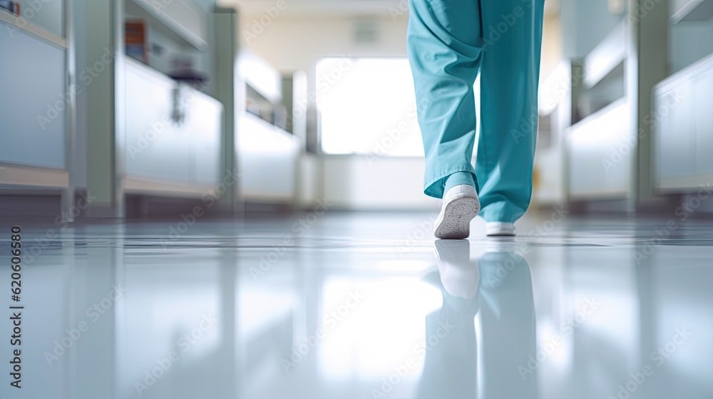 Assistant legs walking in hospital, Selective focus at the leg and blurred background with copy spac