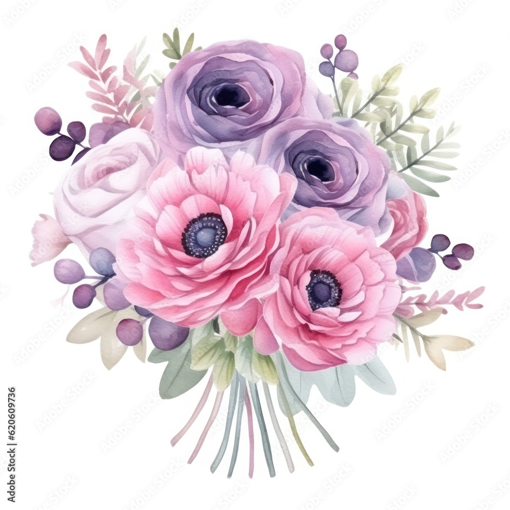 Watercolor cute wedding bouquet. Illustration AI Generative.