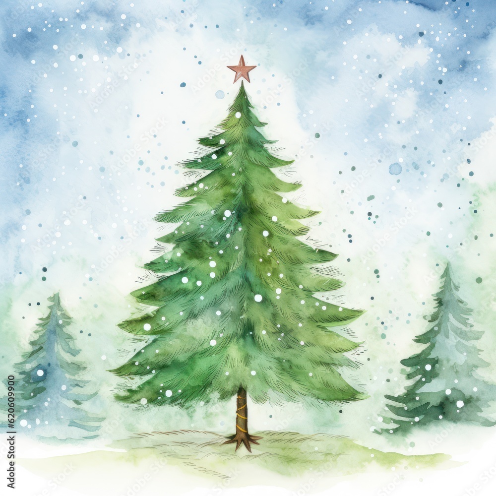 Watercolor Christmas tree. Illustration AI Generative.