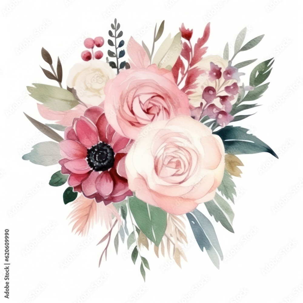 Watercolor cute wedding bouquet. Illustration AI Generative.