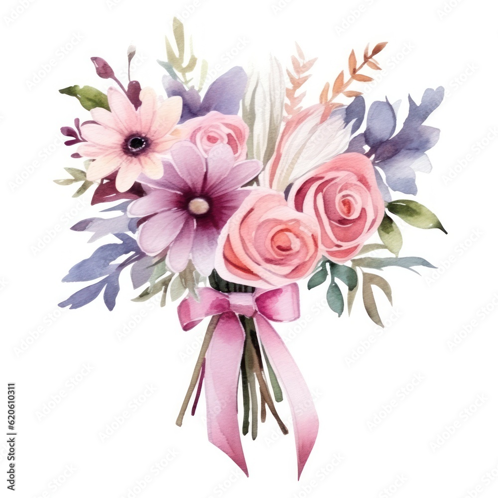 Watercolor cute wedding bouquet. Illustration AI Generative.