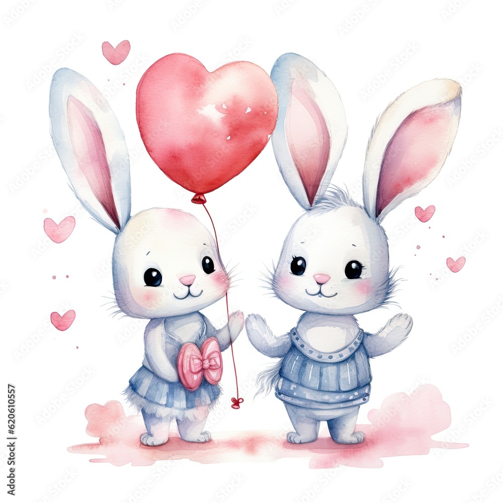 Cute watercolor bunny couple. Illustration AI Generative