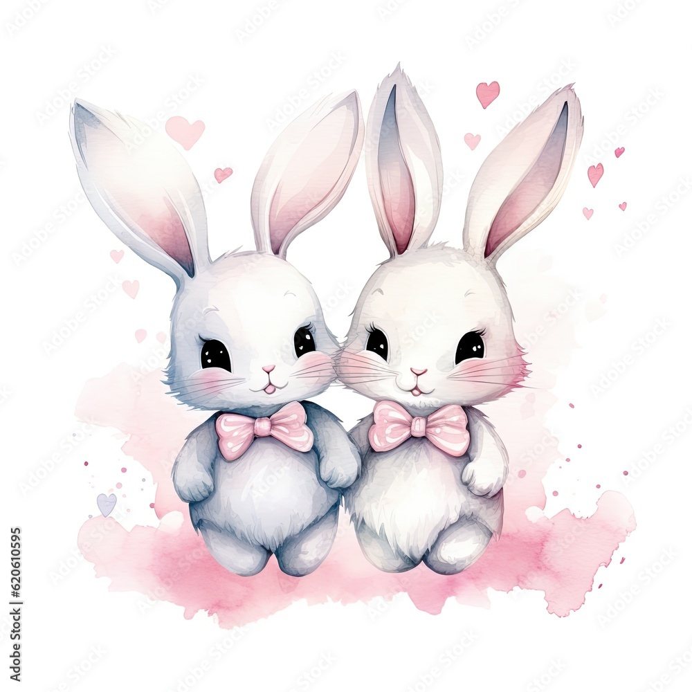 Cute watercolor bunny couple. Illustration AI Generative