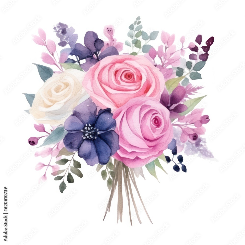 Watercolor cute wedding bouquet. Illustration AI Generative.