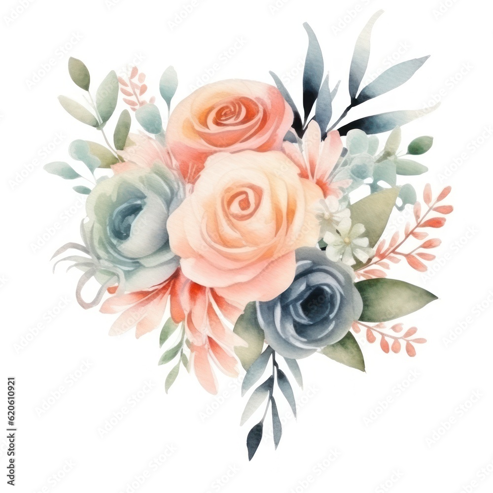 Watercolor cute wedding bouquet. Illustration AI Generative.