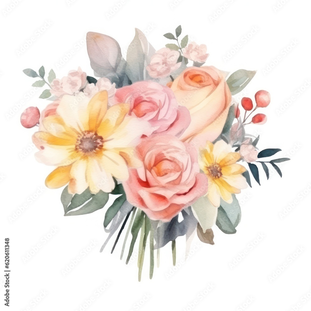 Watercolor cute wedding bouquet. Illustration AI Generative.