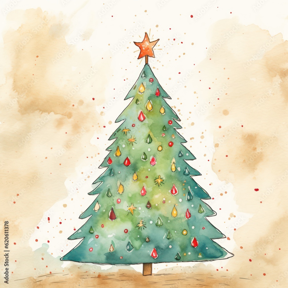 Watercolor Christmas tree. Illustration AI Generative.