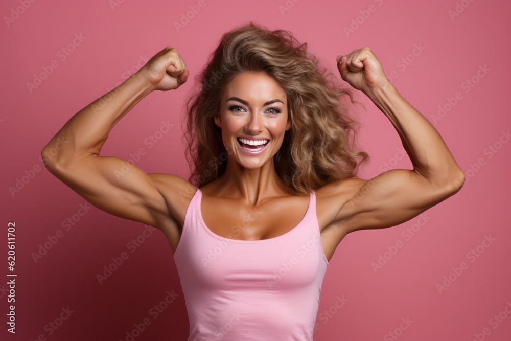 Young woman flexes her muscles on a pink background, Illustration AI Generative.