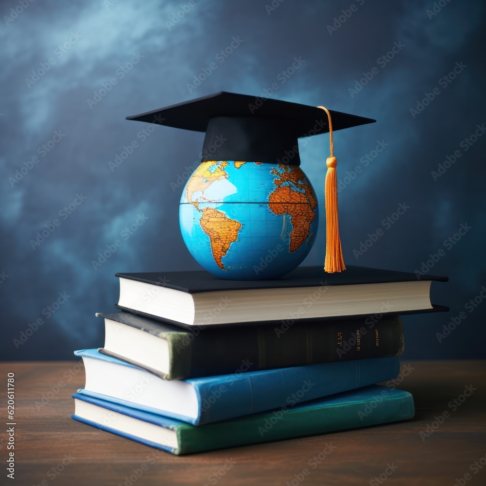 Globe in graduation cap. Illustration AI Generative.