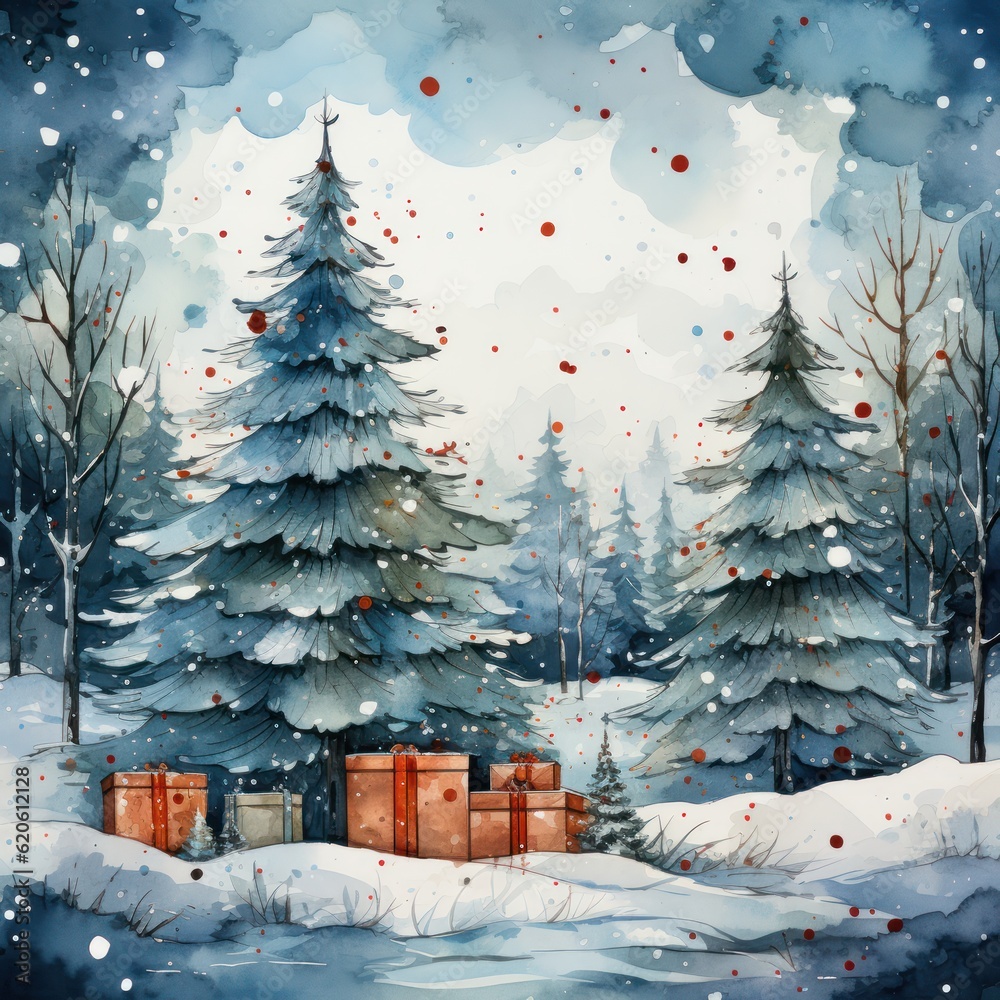 Watercolor Christmas background. Illustration AI Generative.