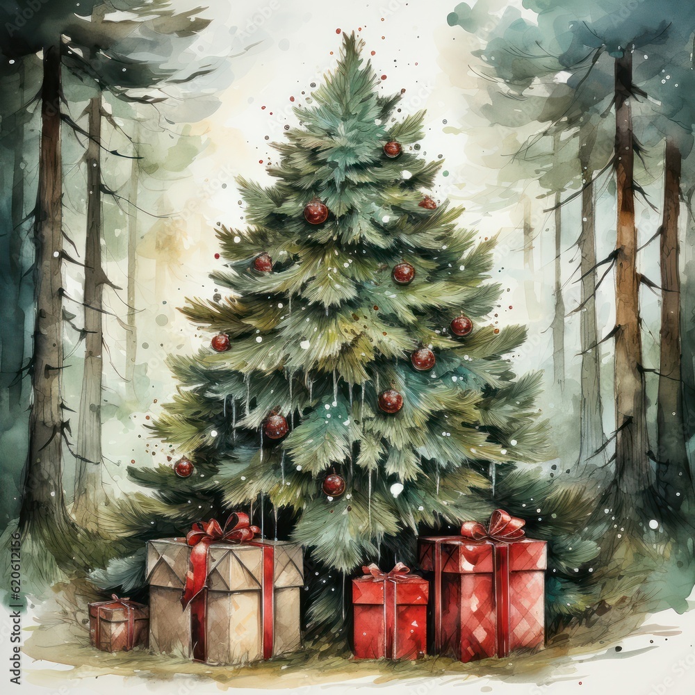 Watercolor Christmas background. Illustration AI Generative.