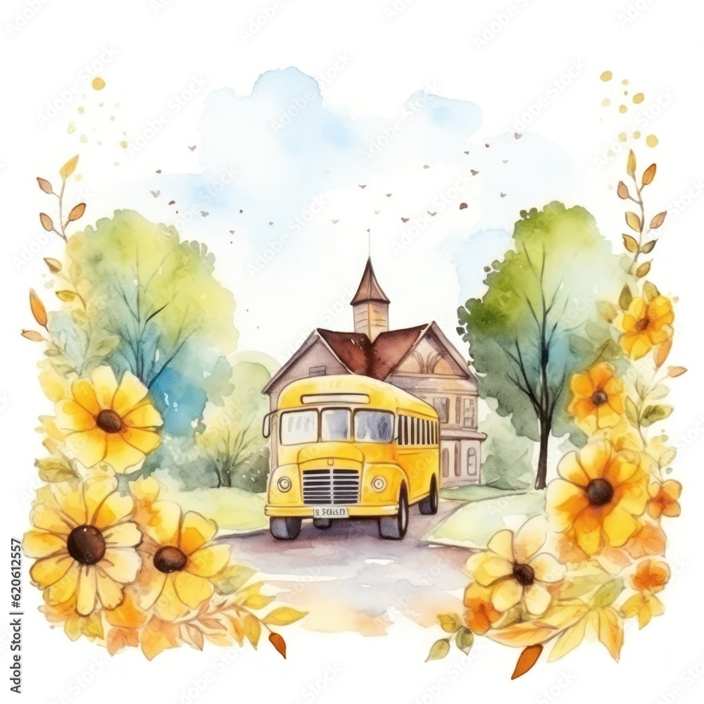 Watercolor back to school background. Illustration AI Generative.