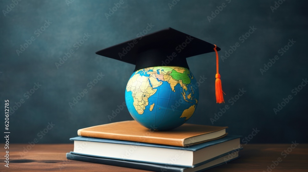 Globe in graduation cap. Illustration AI Generative.