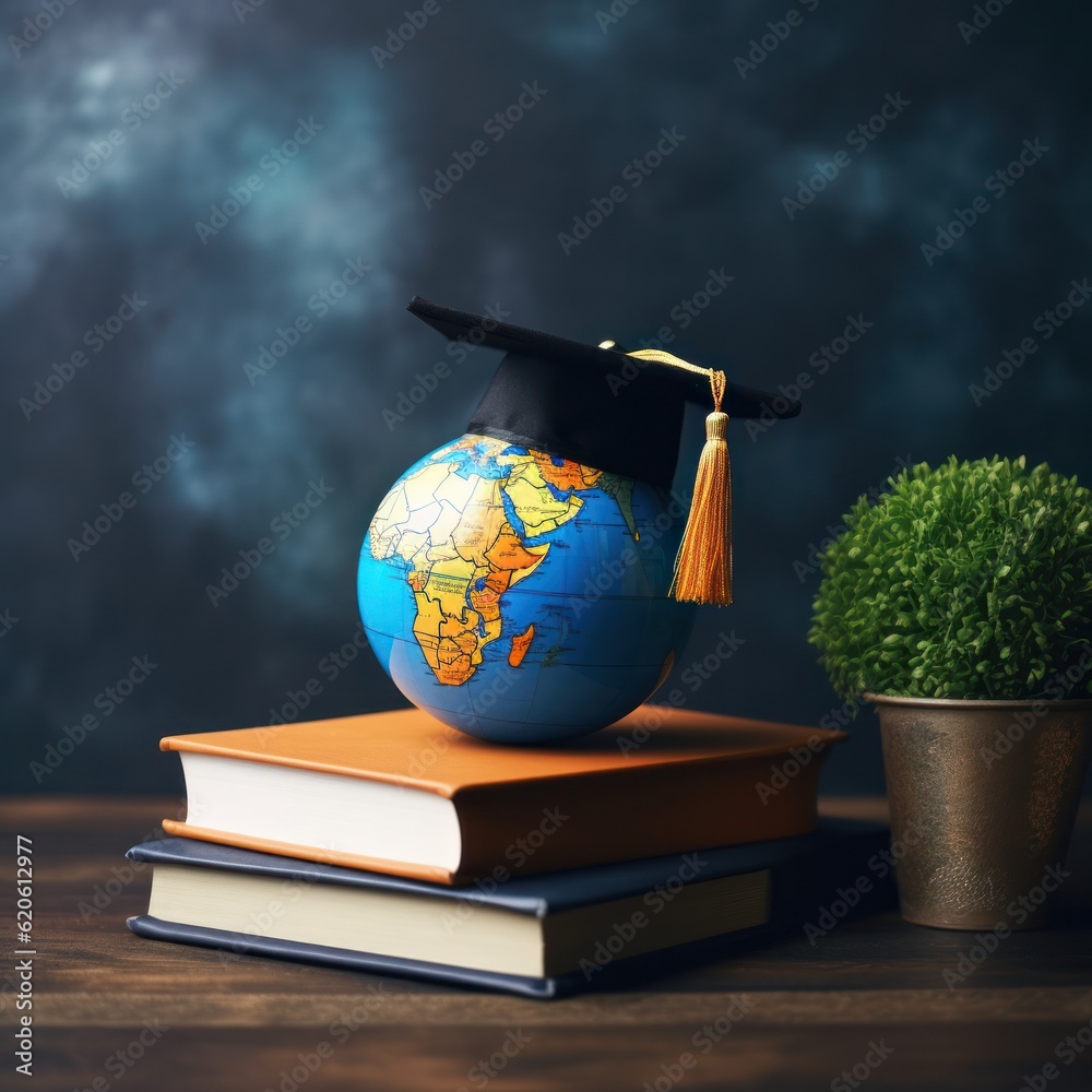 Globe in graduation cap. Illustration AI Generative.