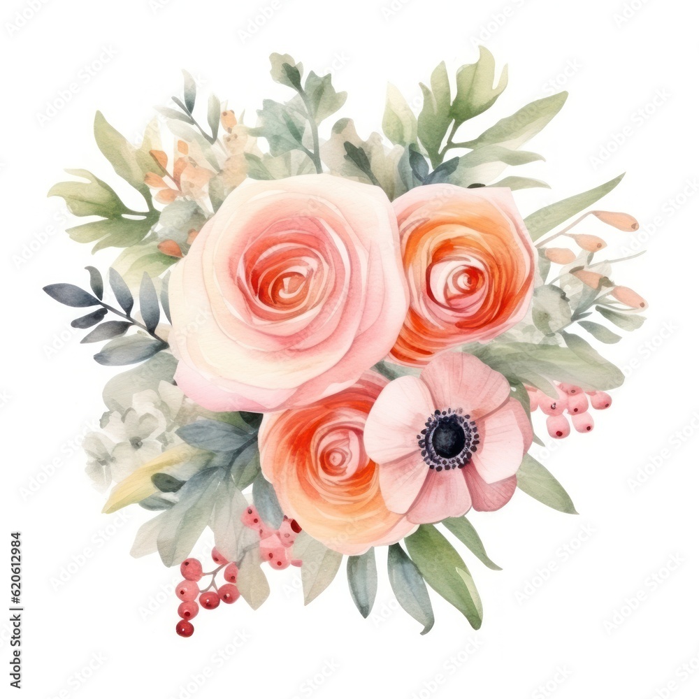 Watercolor cute wedding bouquet. Illustration AI Generative.