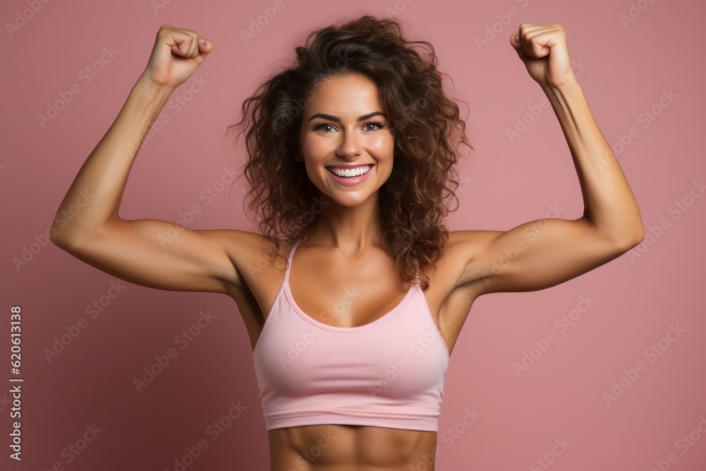 Young woman flexes her muscles on a pink background, Illustration AI Generative.