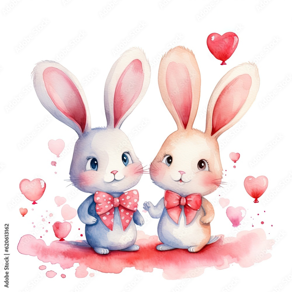 Cute watercolor bunny couple. Illustration AI Generative