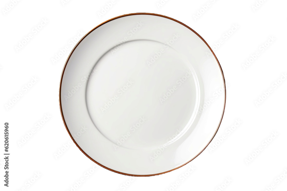 A white dinner plate is standing alone on a transparent background. A cutout of an empty plate with 