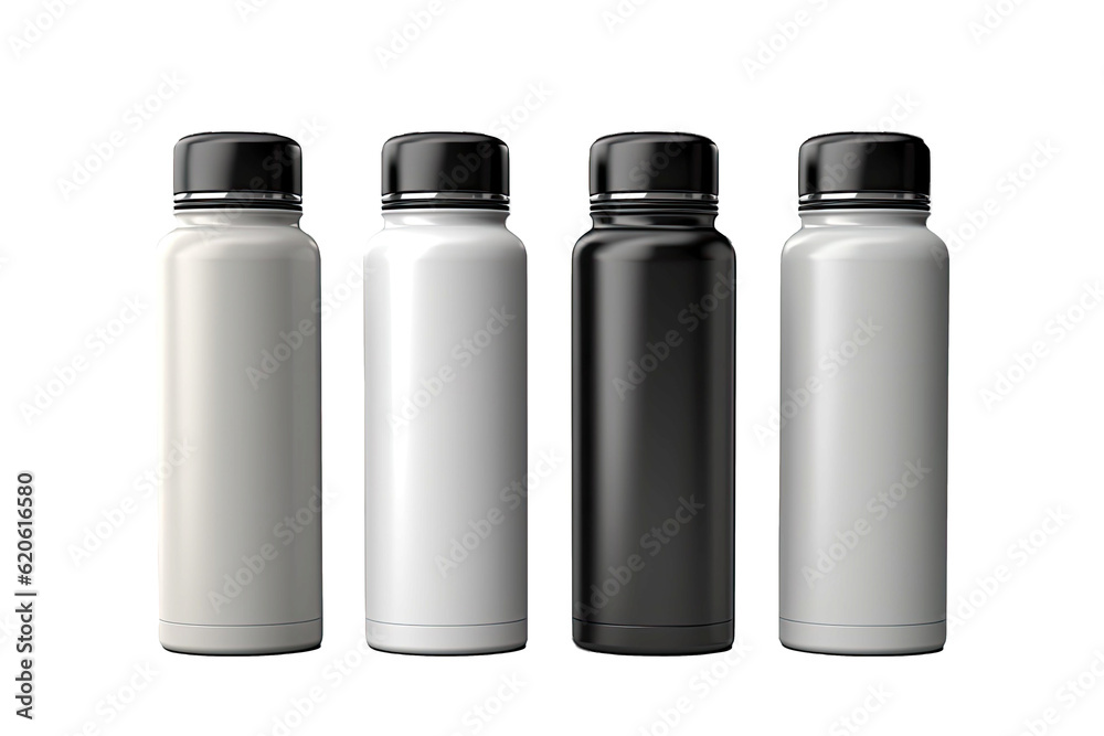 Thermos bottles in shades of white, gray, and black. A thermos bottle made of aluminum on a transpar