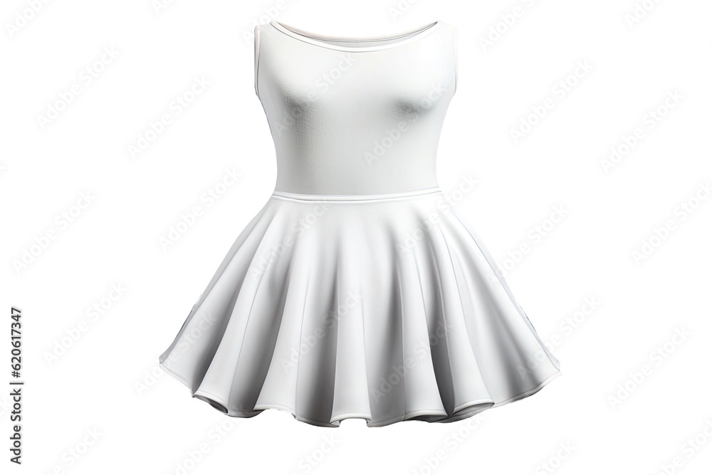 This is a 3D rendering of a mockup showcasing a white womens mini skirt from the front view. The mo