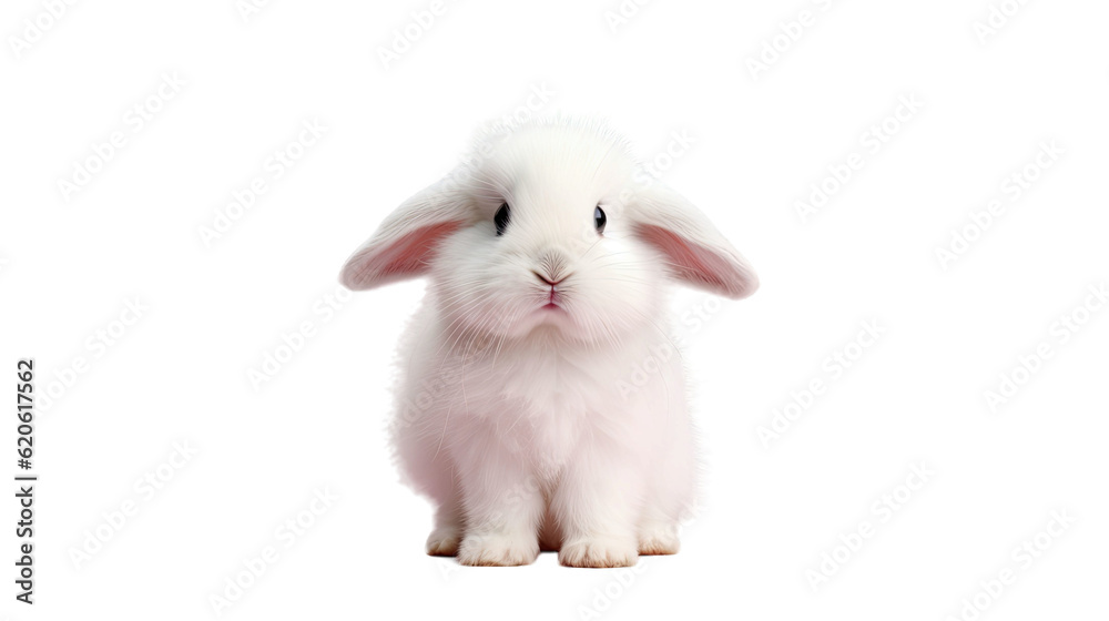 Front perspective of an adorable white baby Holland Lop bunny standing on a background that is pink 