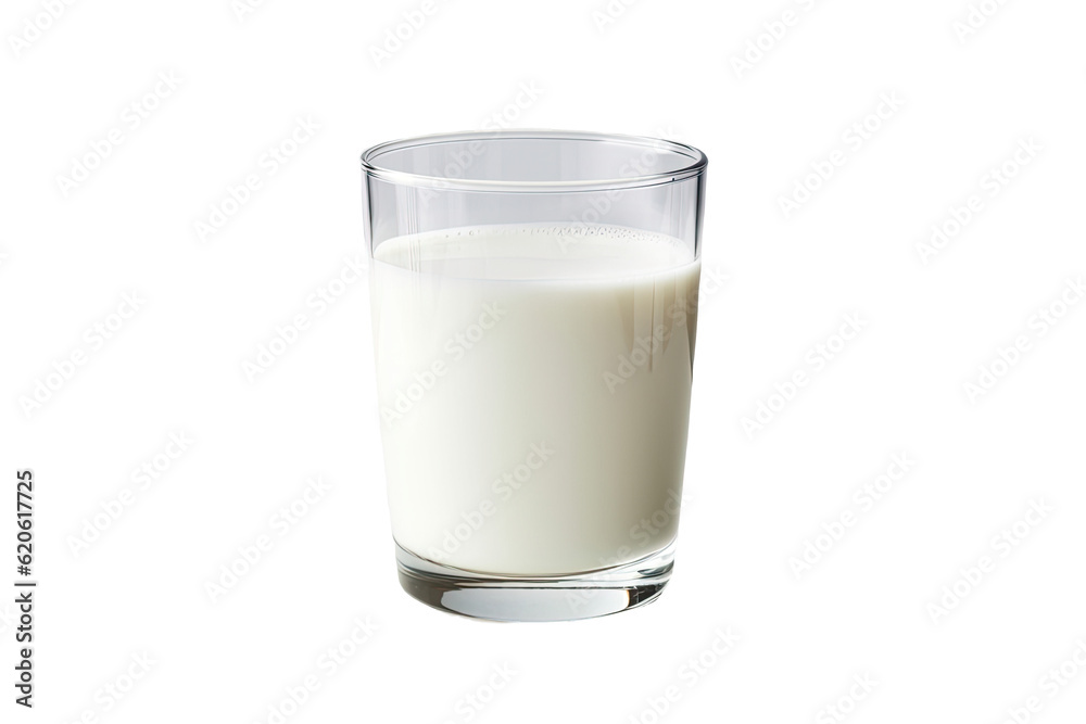 A glass filled with milk is seen by itself on a plain transparent background. The focus is on this d