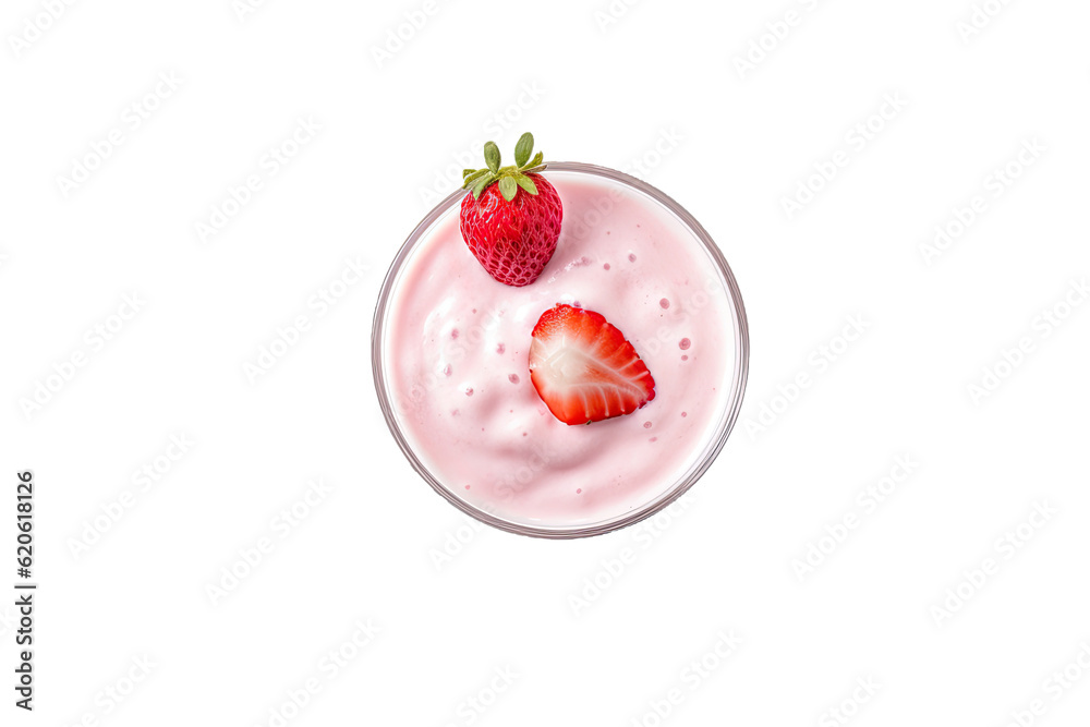 A glass containing a strawberry milkshake or cocktail is seen on a transparent background. The persp