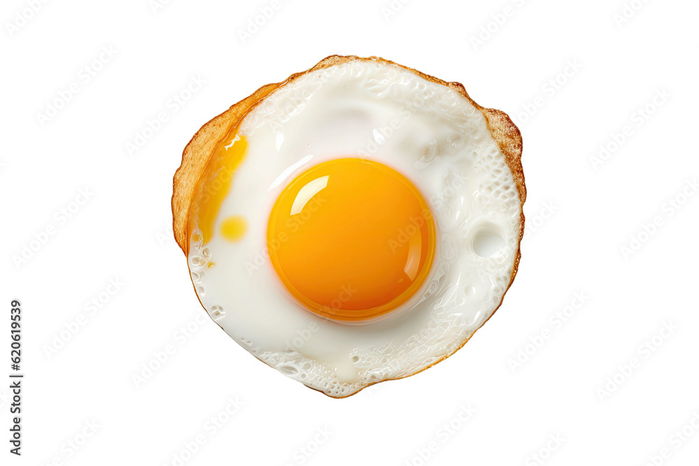 Top view photo of a fried egg, isolated against a transparent background, showcasing its cooking aes