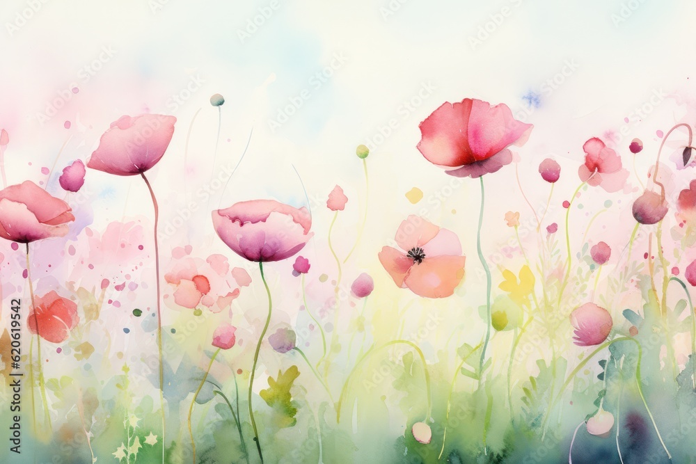 Watercolor summer meadow. Illustration AI Generative.