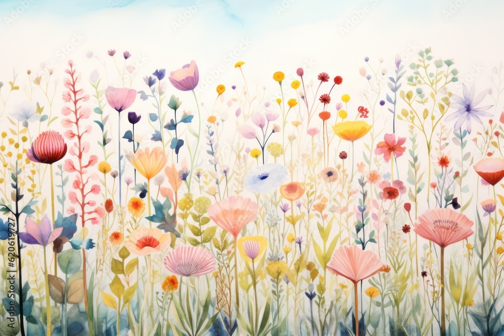 Watercolor summer meadow. Illustration AI Generative.