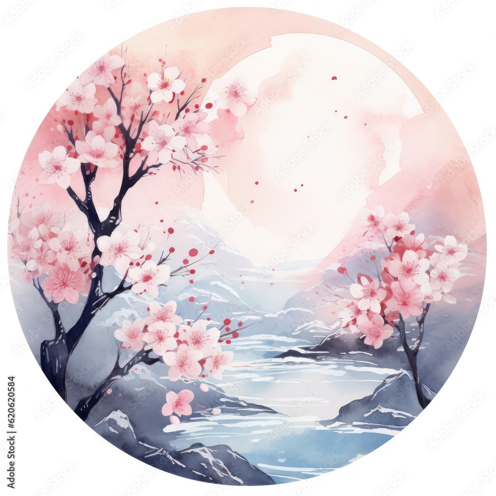 Watercolor frame with sakura flowers. Illustration AI Generative.