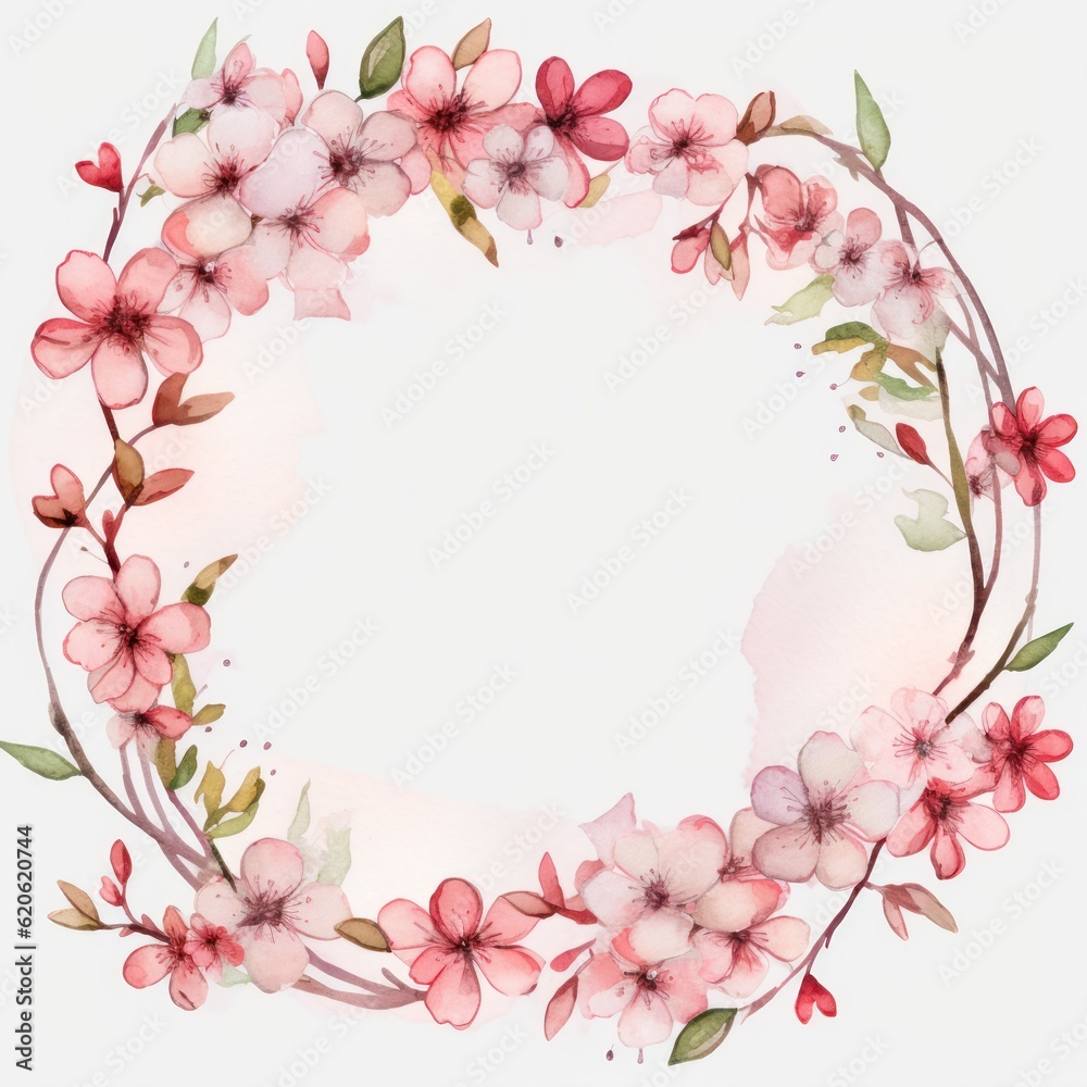 Watercolor frame with sakura flowers. Illustration AI Generative.