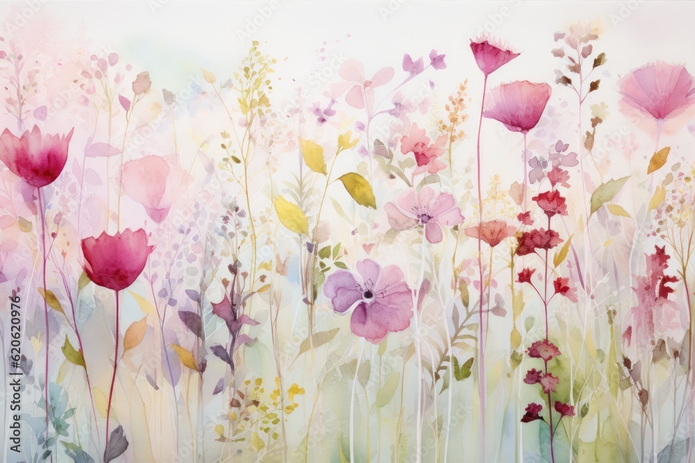 Watercolor summer meadow. Illustration AI Generative.