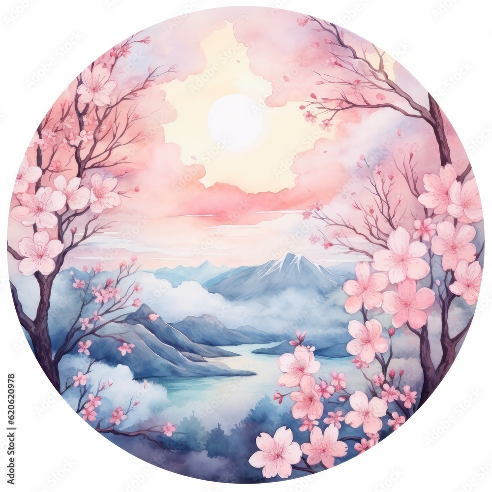 Watercolor frame with sakura flowers. Illustration AI Generative.