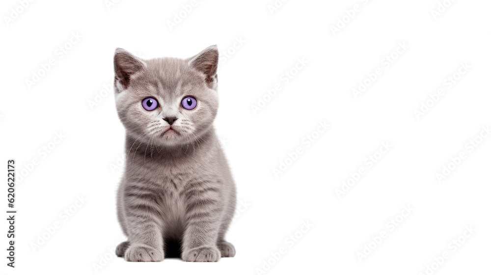 A lovely small British Shorthair cat kitten with a lilac coat, positioned sideways. Gazing at the ca