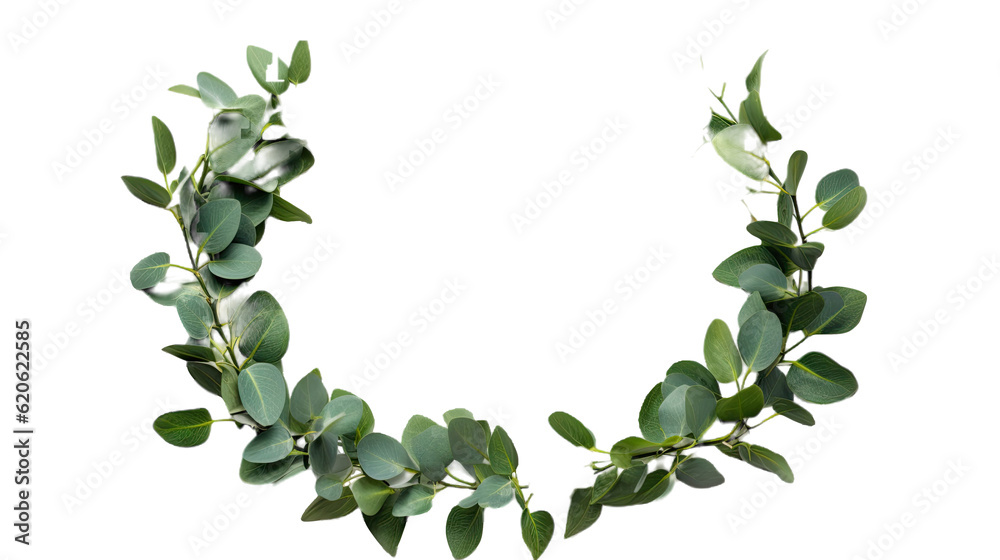 Top view of a circular border made of eucalyptus branches and leaves, placed on a transparent backgr