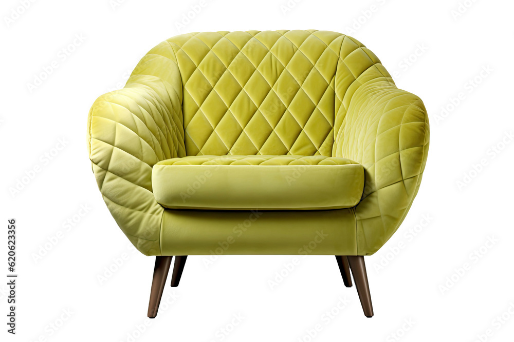 Lime green fabric armchair in an art deco style with a quilted design. The chair has decorative bras