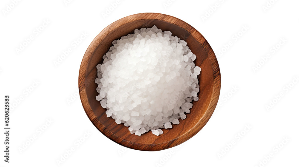 Sea salt, both coarse and fine, placed in a wooden bowl, portrayed alone on a plain transparent back