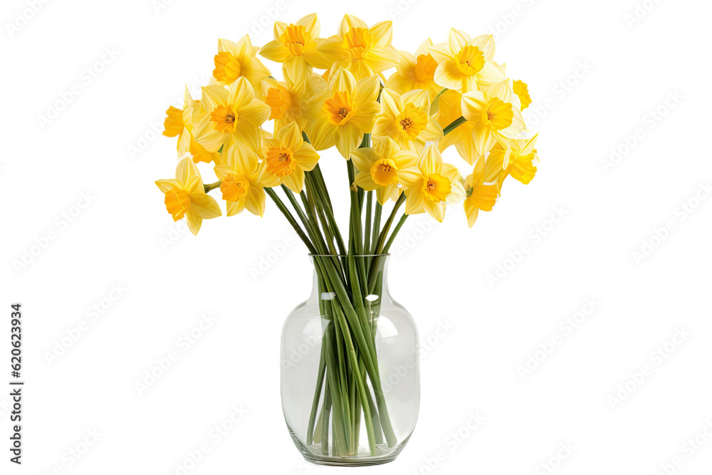 Bunch of yellow daffodil blooms presented in a glass container, with a plain transparent background 