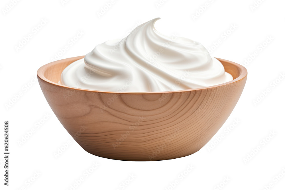 A bowl made of wood containing whipped sour cream yogurt, placed separately on a transparent backgro