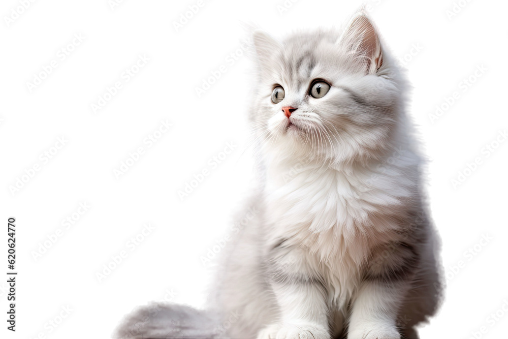 Studio picture of a light gray and white kitten sitting and gazing ahead in a neutral-toned backdrop