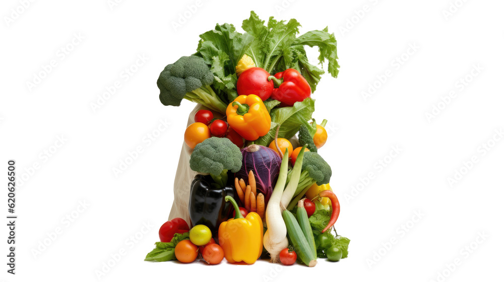 A sack made of paper containing various vegetables and fruits is placed on a transparent background.