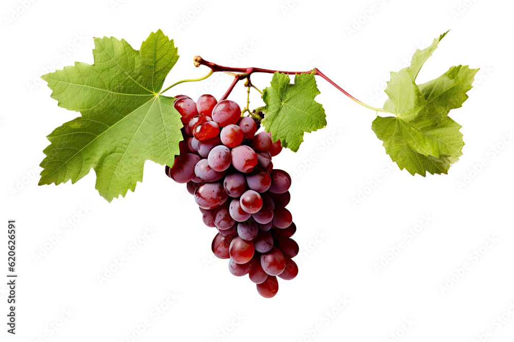 A red grape, along with its leaves, is seen flying through the air against a transparent background.