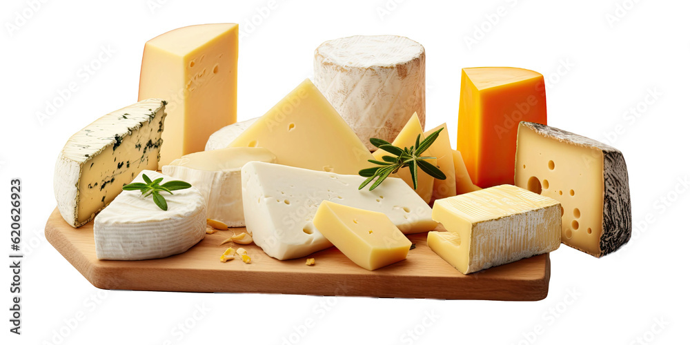 Assorted types of cheese separated on a plain transparent background.