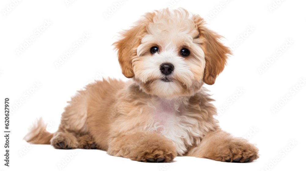 Adorable young dog of a Maltipoo breed, striking a pose all by itself with a plain transparent backg