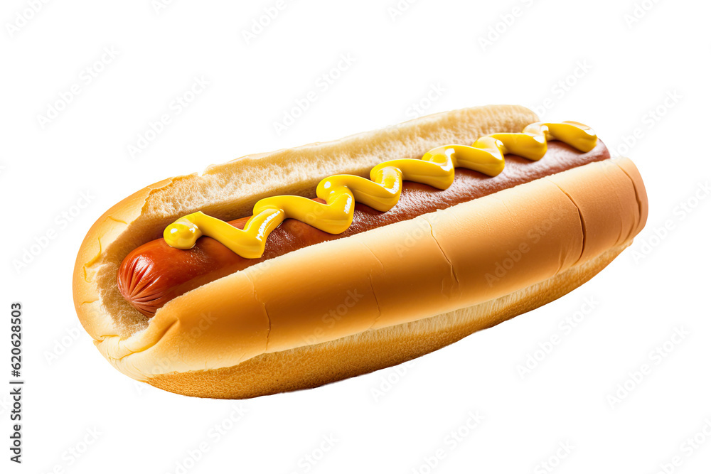 A HOT DOG is seen alone on a transparent background, with a clipping path, and completely in focus.