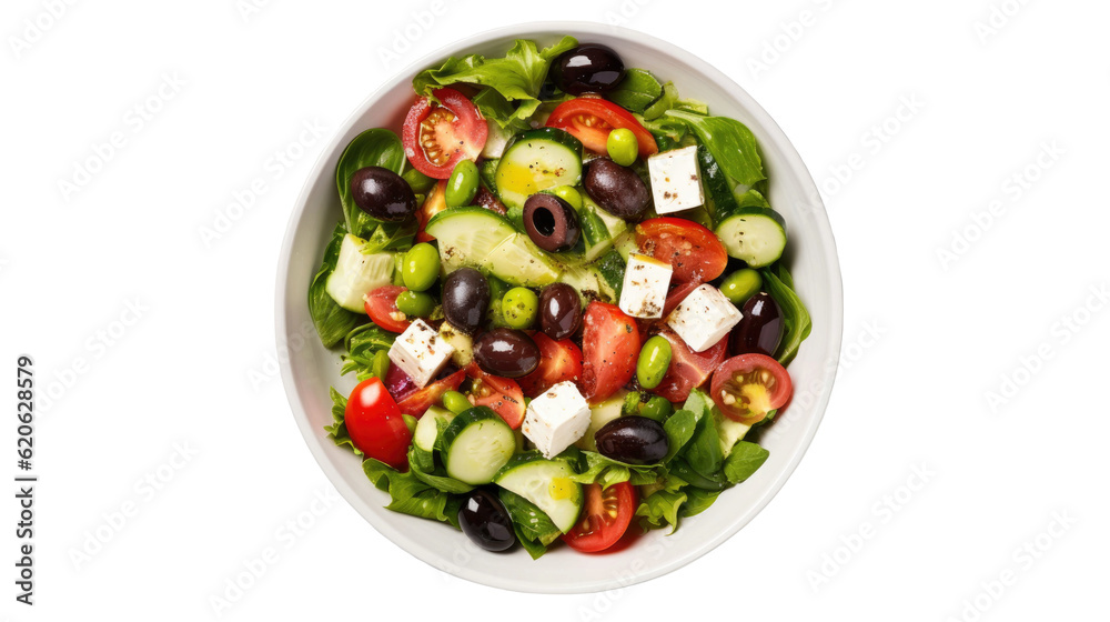 Greek salad made with fresh veggies, feta cheese, and olives. Nourishing cuisine. Captured on a tran