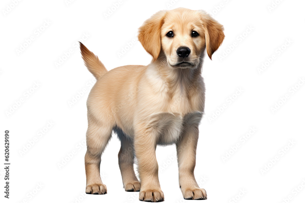 A stunning puppy of the golden retriever breed stands alone against a blue backdrop. The dog is pict